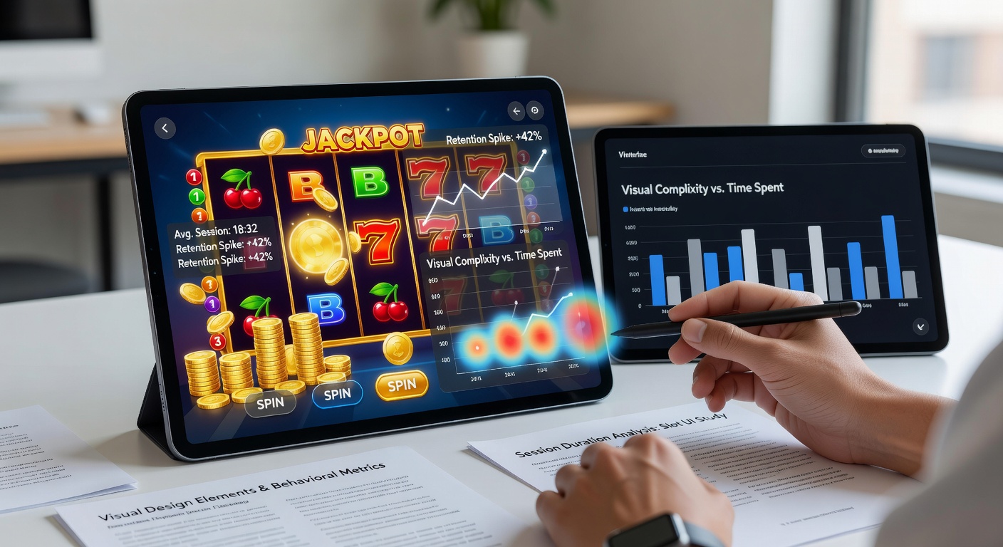 Tablet screen displaying a digital slot game with colorful reels and interface elements
