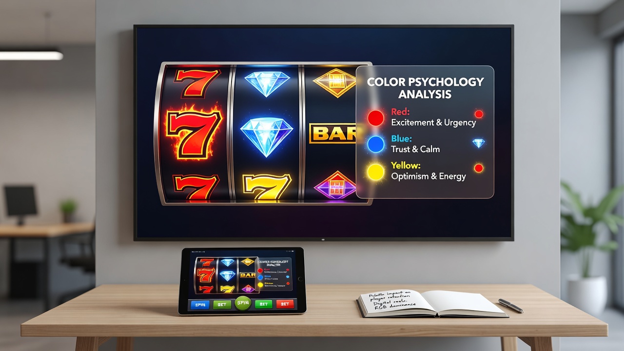 Mobile slot interface displaying vibrant color palettes on a smartphone screen with reels and symbols