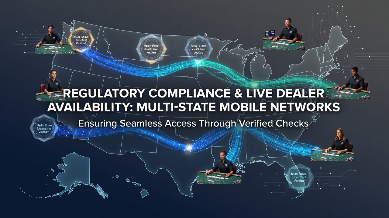 Mobile device displaying live dealer blackjack interface with regulatory compliance indicators overlaid on the screen