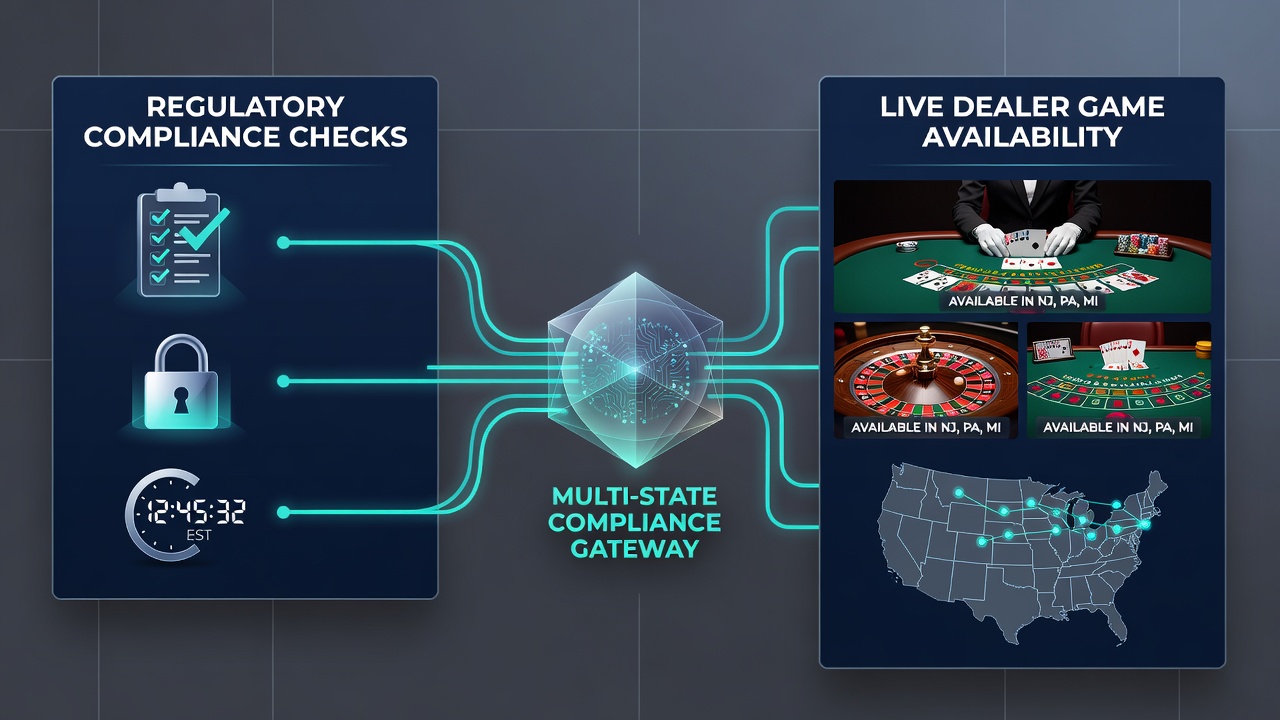 Network diagram illustrating data flows between state regulatory servers and mobile live dealer platforms