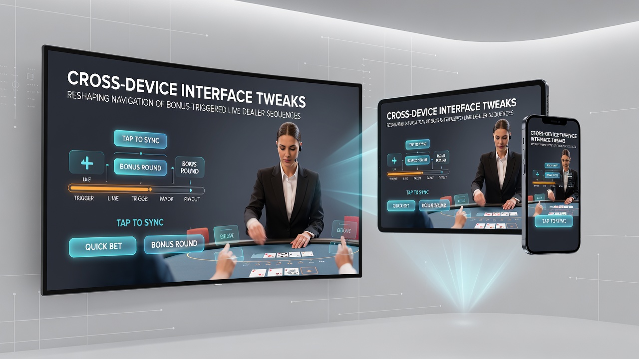 Close-up of tablet live dealer bonus interface with synchronized navigation controls