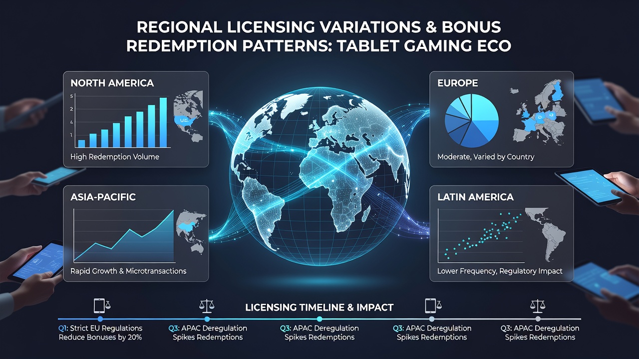 Multiple tablets showing varied bonus redemption screens influenced by different regional rules