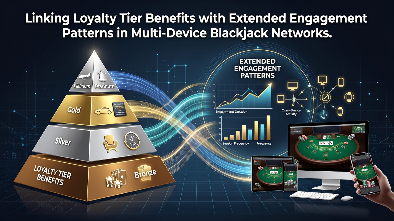 Multi-device blackjack network interface showing loyalty tier progression across mobile and desktop platforms