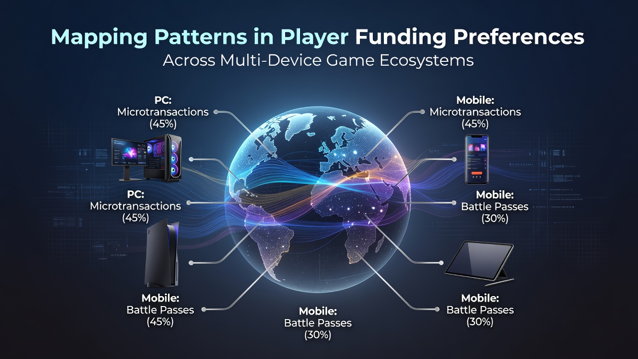 Infographic showing player funding methods across mobile, tablet, and desktop gaming platforms in 2026