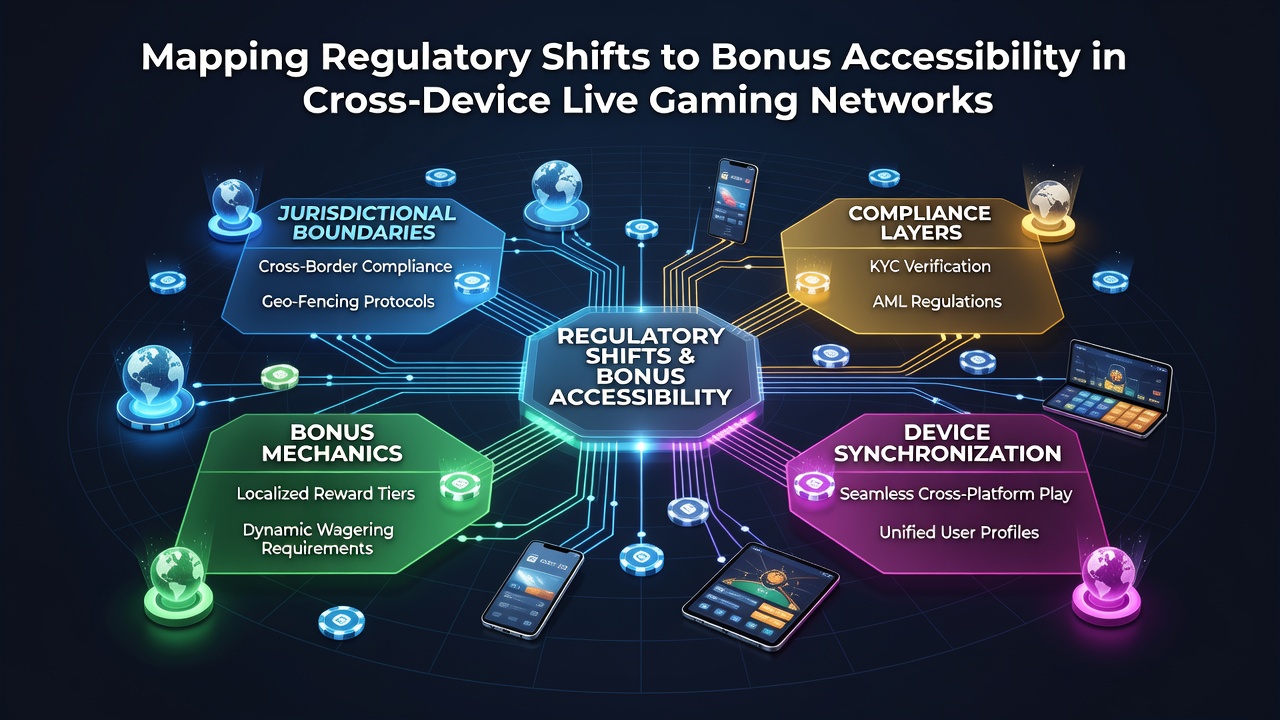 Regulatory framework diagram showing bonus accessibility across mobile tablet and desktop gaming devices in live networks
