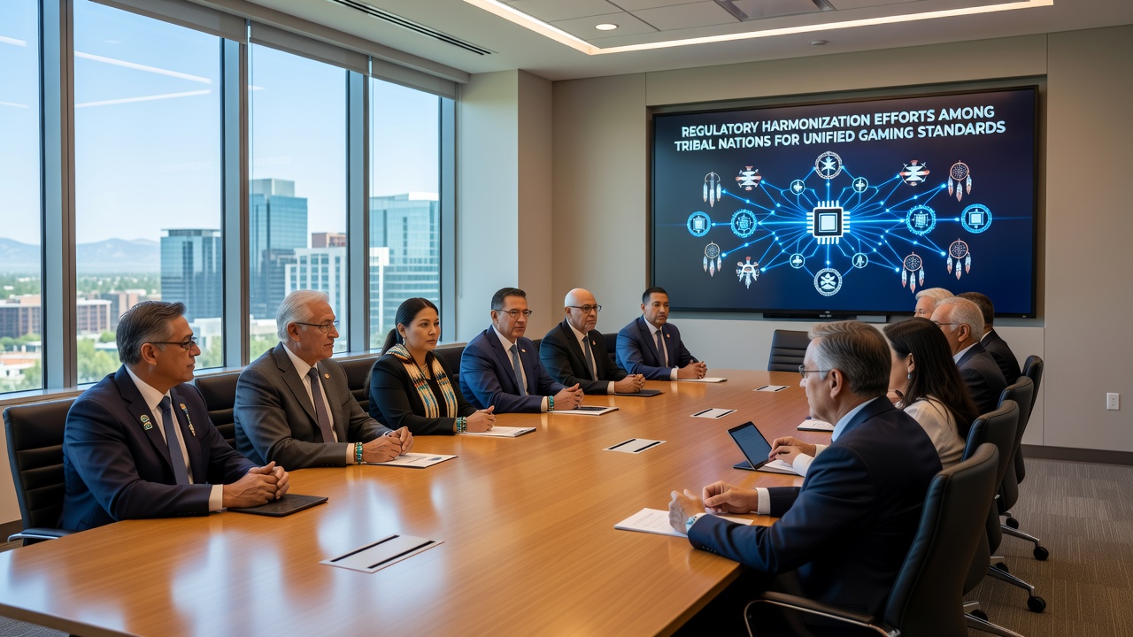 Digital dashboard displaying synchronized gaming compliance metrics across multiple tribal jurisdictions