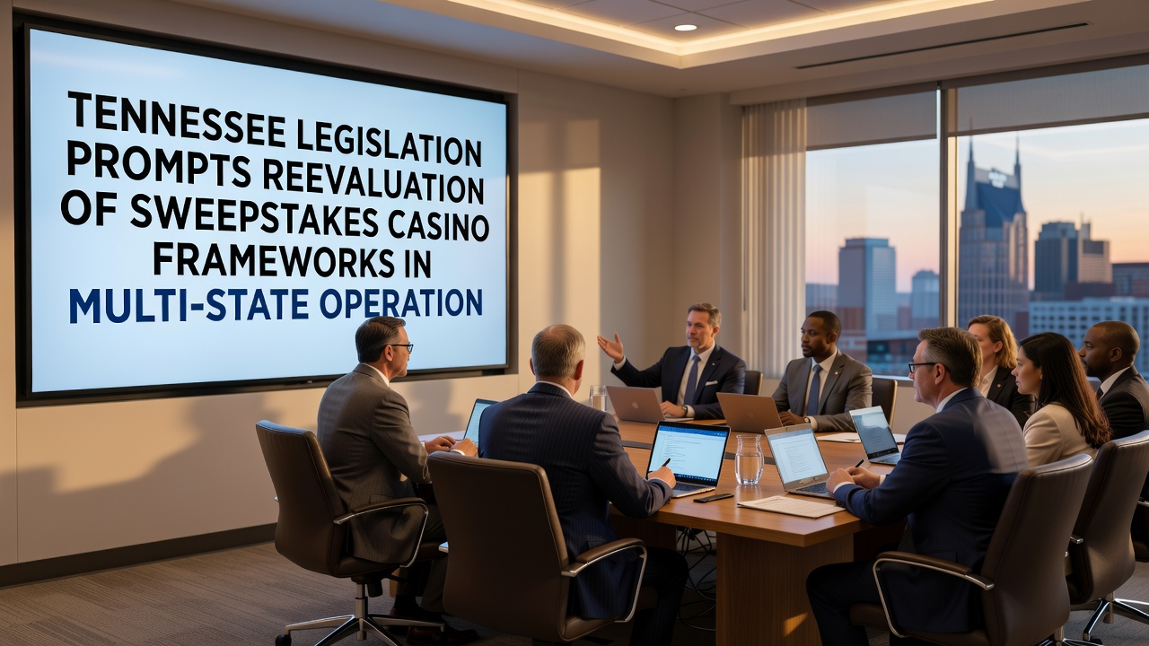 Multi-state map showing casino operations with highlighted compliance checkpoints and document icons