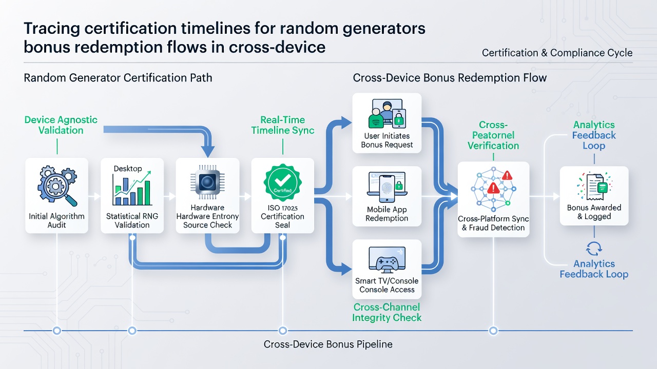 Flowchart illustrating how certified RNG outputs connect to bonus redemption sequences across different devices